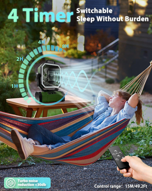 20000mAh Rechargeable Camping Fan with LED Remote Control & 360 Hook ā Green