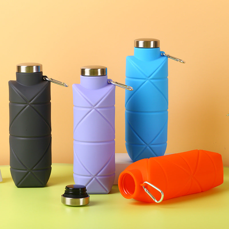 Collapsible Silicone Water Bottle 700ml – Diamond Pattern, Carabiner Clip, Blue