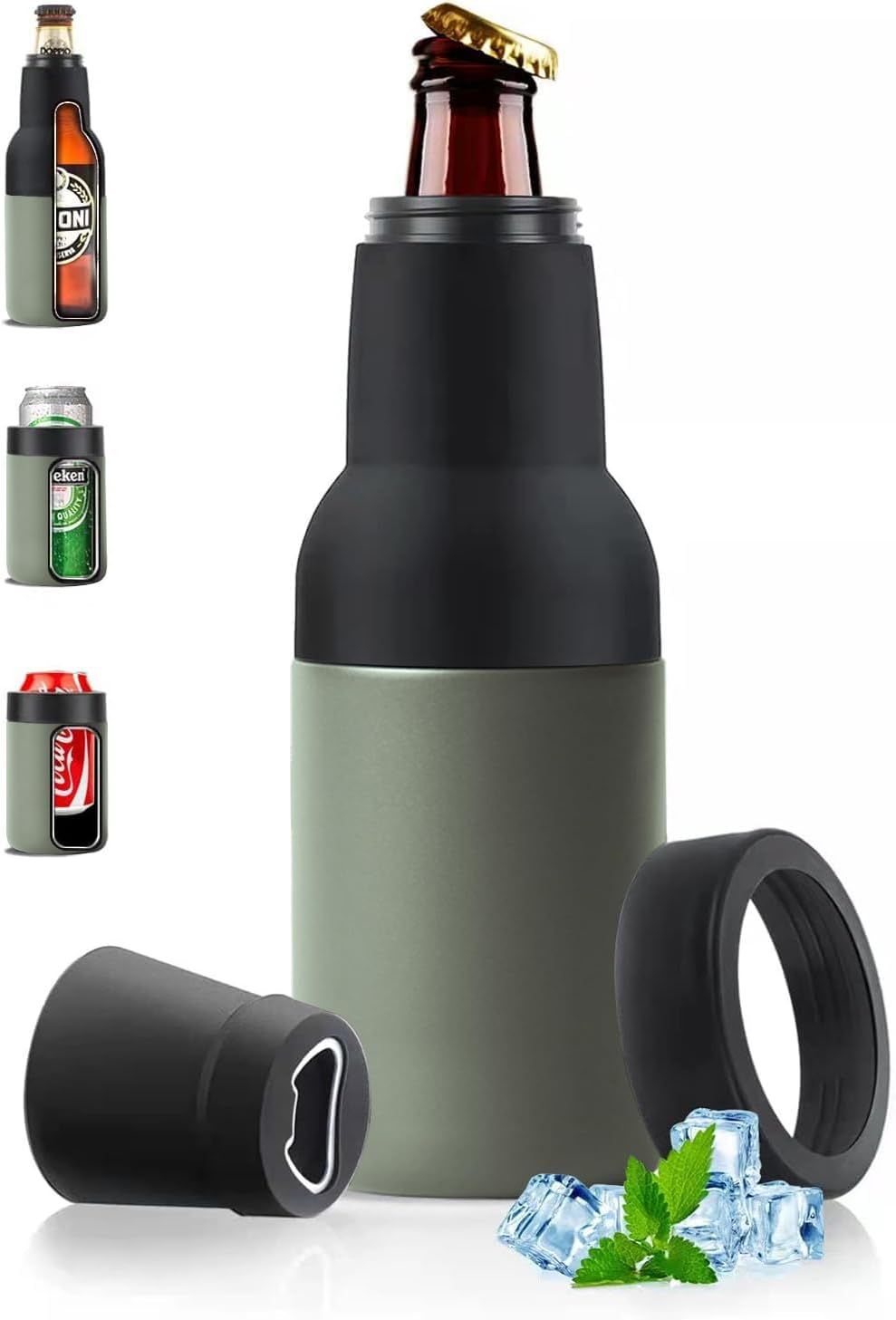 3-in-1 Insulated Can & Bottle Cooler with Opener – Double Wall Stainless Steel, Green