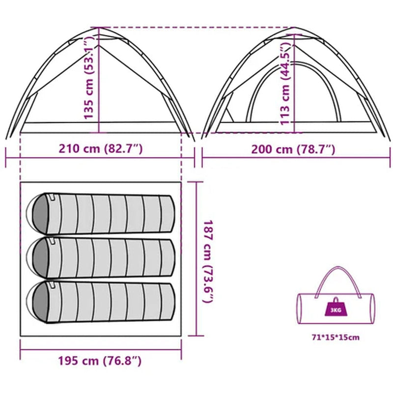 Camping Tent Dome 3-Person White Blackout Fabric Quick Release