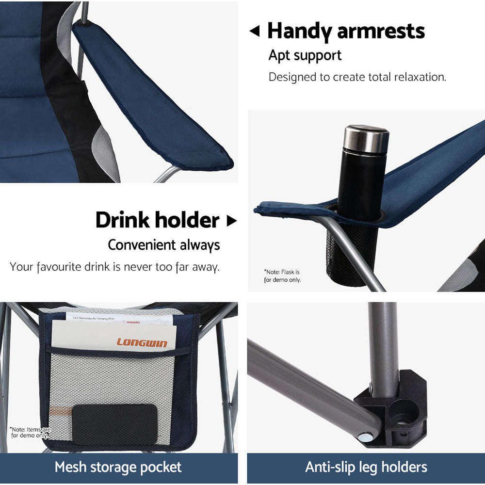 Weisshorn Folding Armchair 2-Pack – High-Back Padded, Cup Holder, Navy