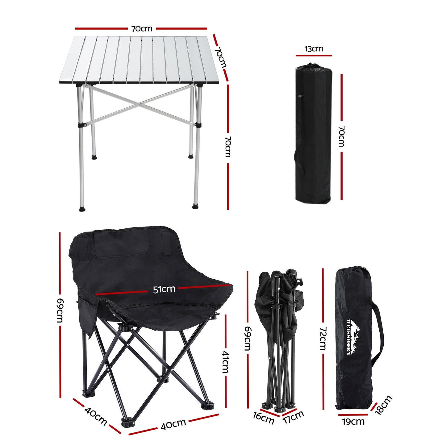 Weisshorn 3-Piece Camping Set – 2 Moon Chairs & 70cm Aluminium Table