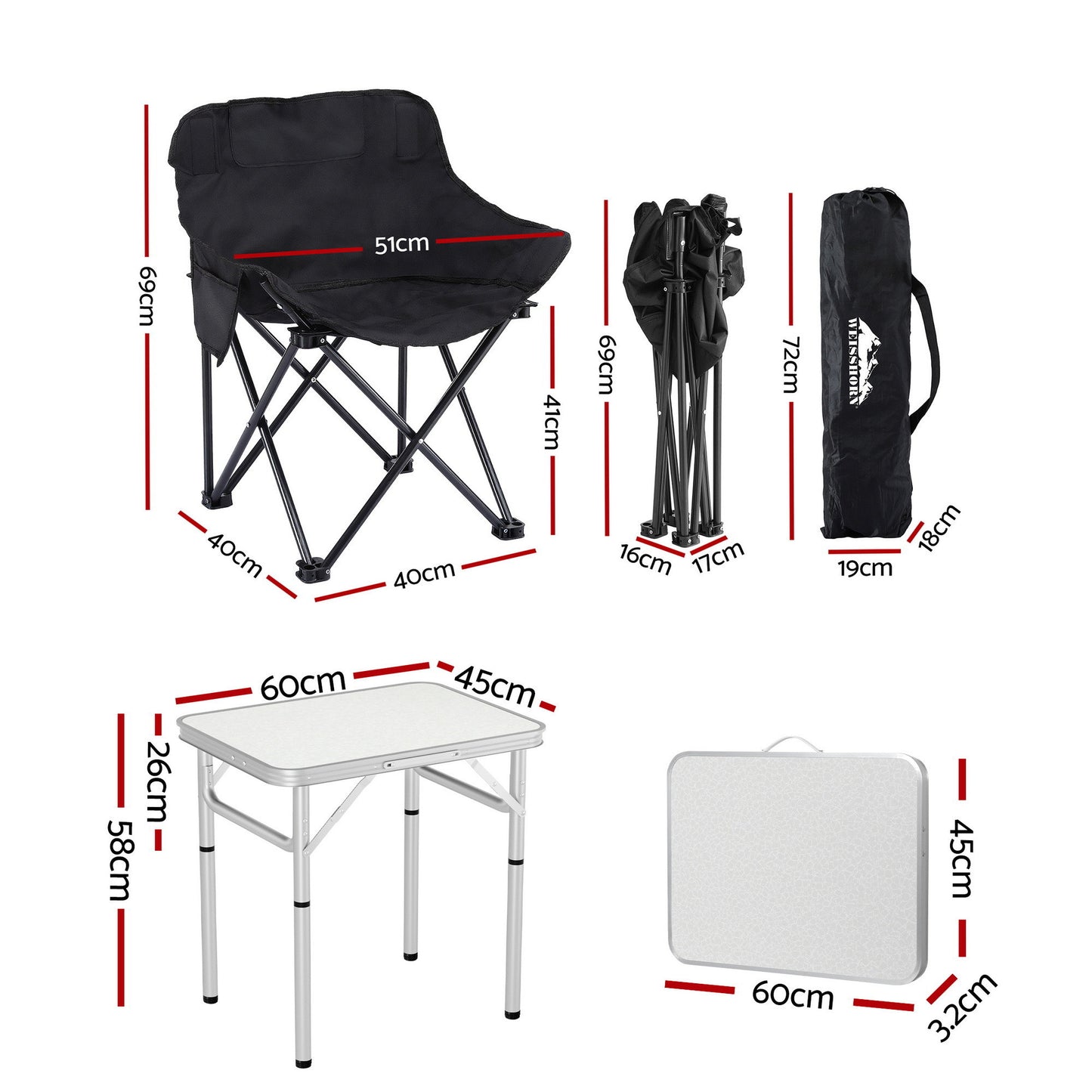 Weisshorn 3-Piece Camping Set – 2 Moon Chairs & 60cm MDF Table