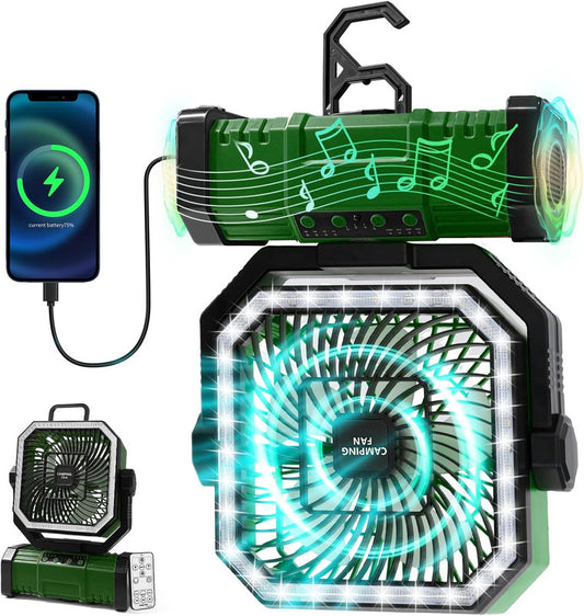 20000mAh Rechargeable Camping Fan with LED Remote Control & 360 Hook – Green