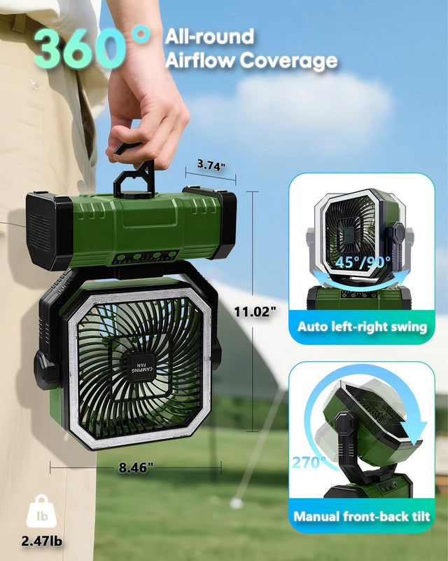 20000mAh Rechargeable Camping Fan with LED Remote Control & 360 Hook – Green