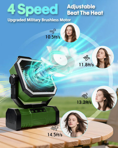 20000mAh Rechargeable Camping Fan with LED Remote Control & 360 Hook – Green