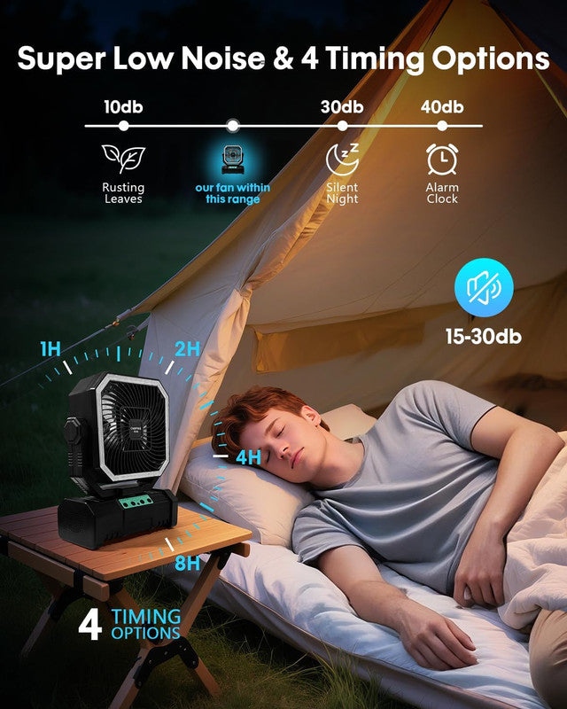 20000mAh Rechargeable Camping Fan with LED Remote Control & 360 Hook – Green