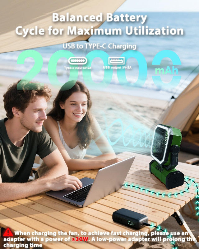 20000mAh Rechargeable Camping Fan with LED Remote Control & 360 Hook – Green