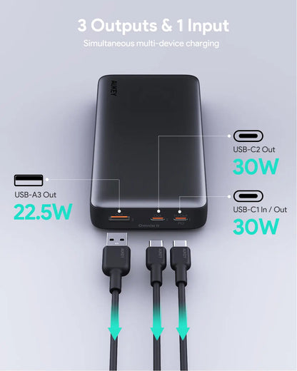 Aukey 20000mAh 30W Power Bank – PD3.0 Fast Charge 3 Ports