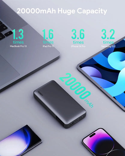 Aukey 20000mAh 30W Power Bank – PD3.0 Fast Charge 3 Ports