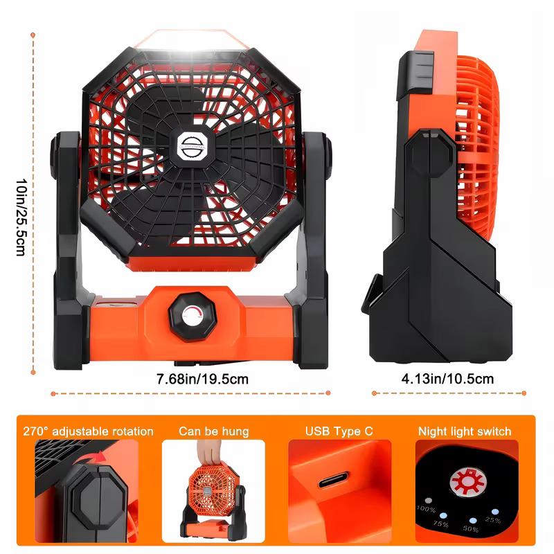 7800mAh Camping Fan – LED Light 270° Adjustable USB Rechargeable