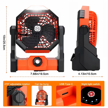 7800mAh Camping Fan – LED Light 270° Adjustable USB Rechargeable