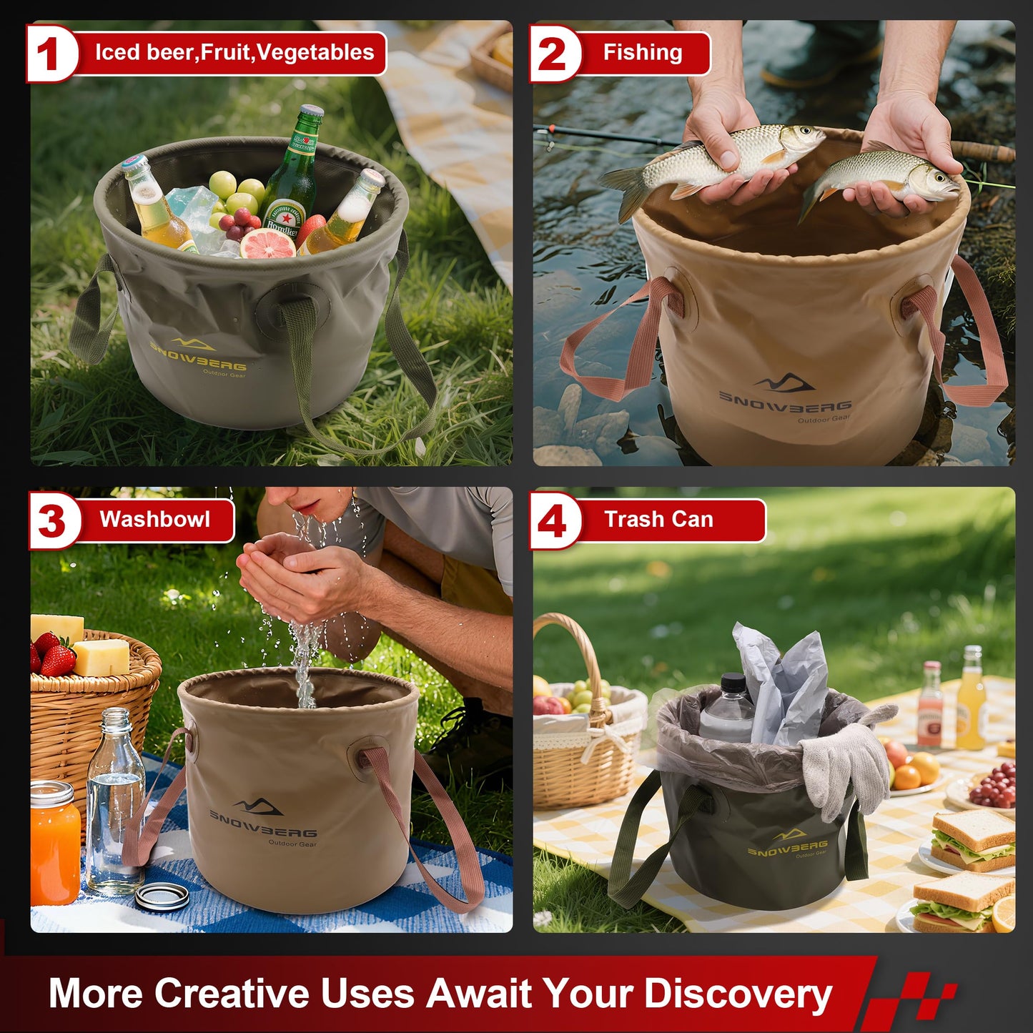 Collapsible Camping Bucket 20L – Dual Handles, Waterproof PVC, Forest Green