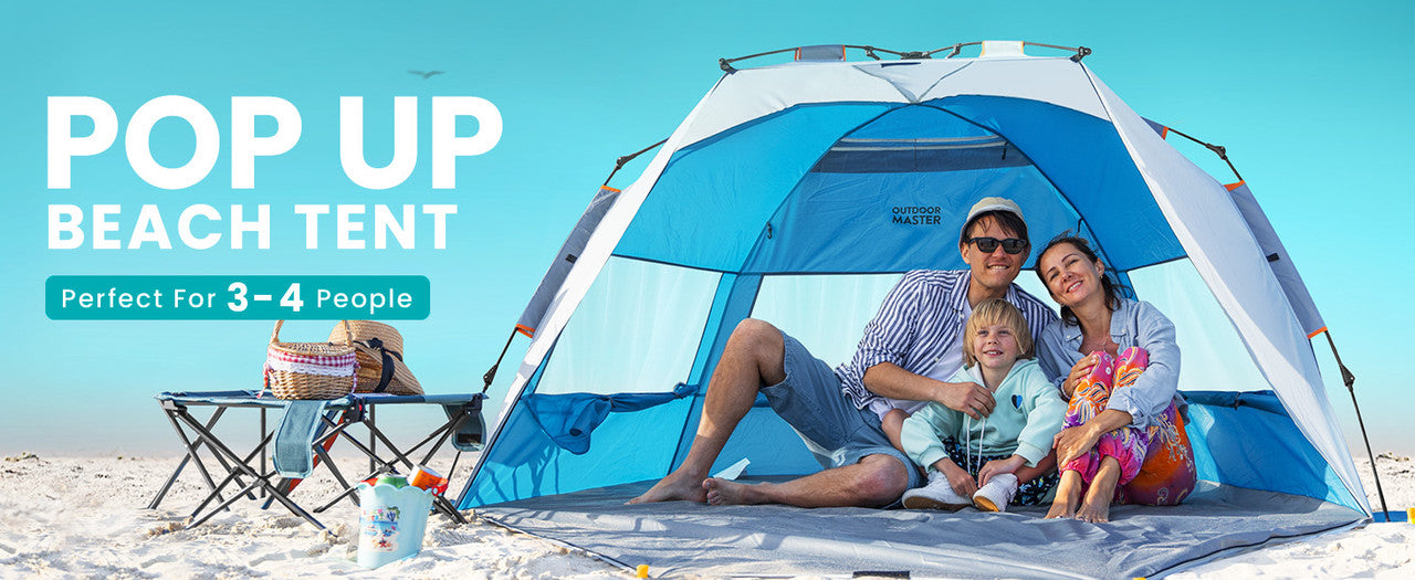 OutdoorMaster XL Pop Up Beach Tent – 3-4 Person UPF50+ Blue