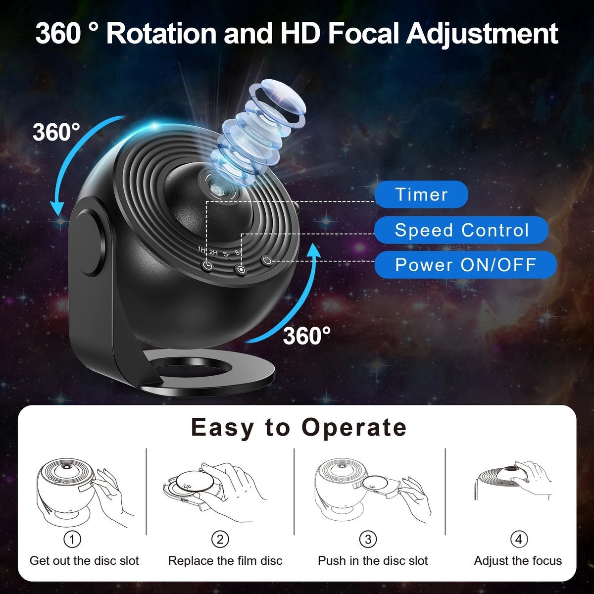 360° Galaxy Night Projector – Solar System, Nebula & Astronaut