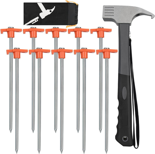 Heavy Duty Tent Stakes & Hammer Kit – 10 Pack with Storage Pouch