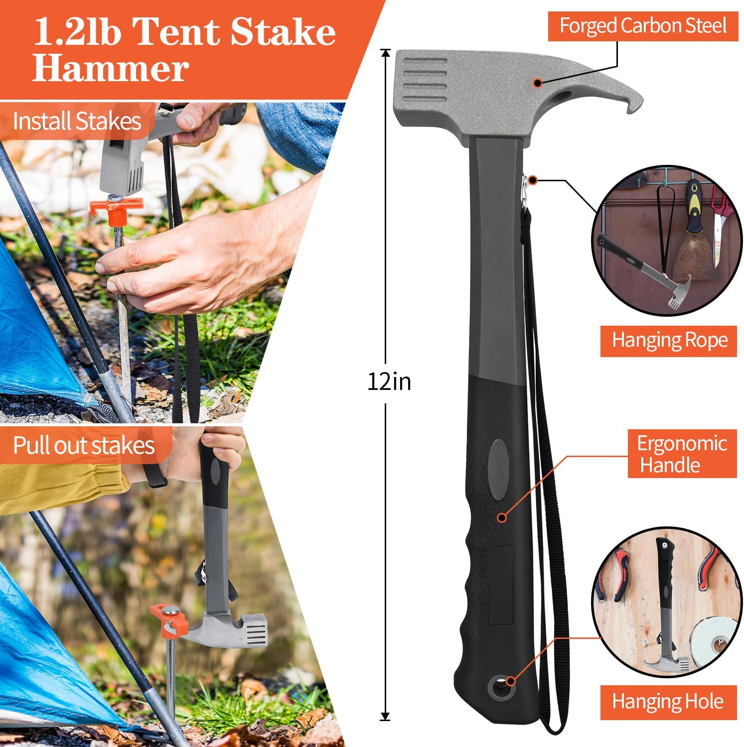 Heavy Duty Tent Stakes & Hammer Kit – 10 Pack with Storage Pouch