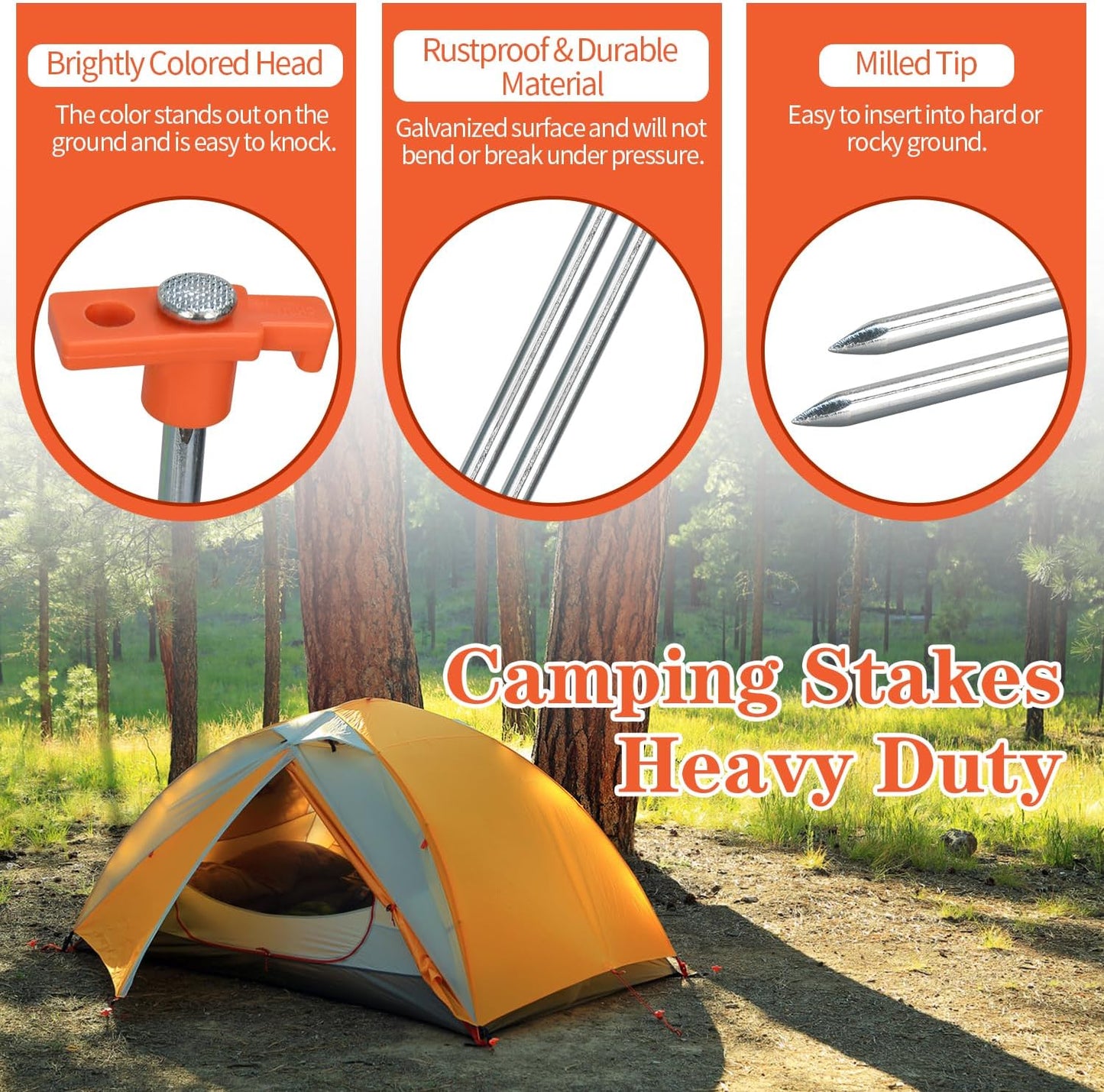 Heavy Duty Tent Stakes & Hammer Kit – 10 Pack with Storage Pouch