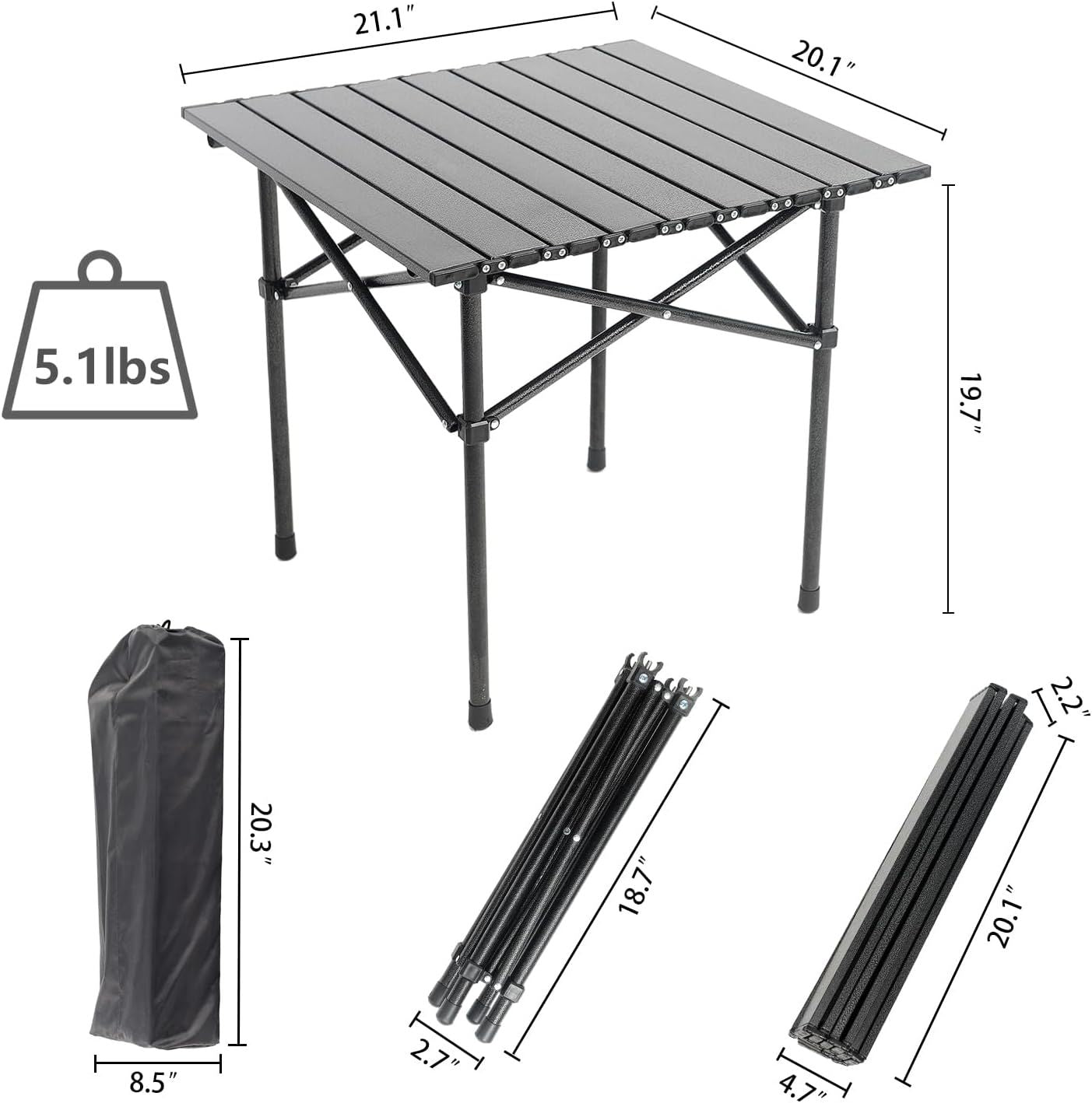 Folding Aluminium Side Table with Carry Bag – Black, Lightweight