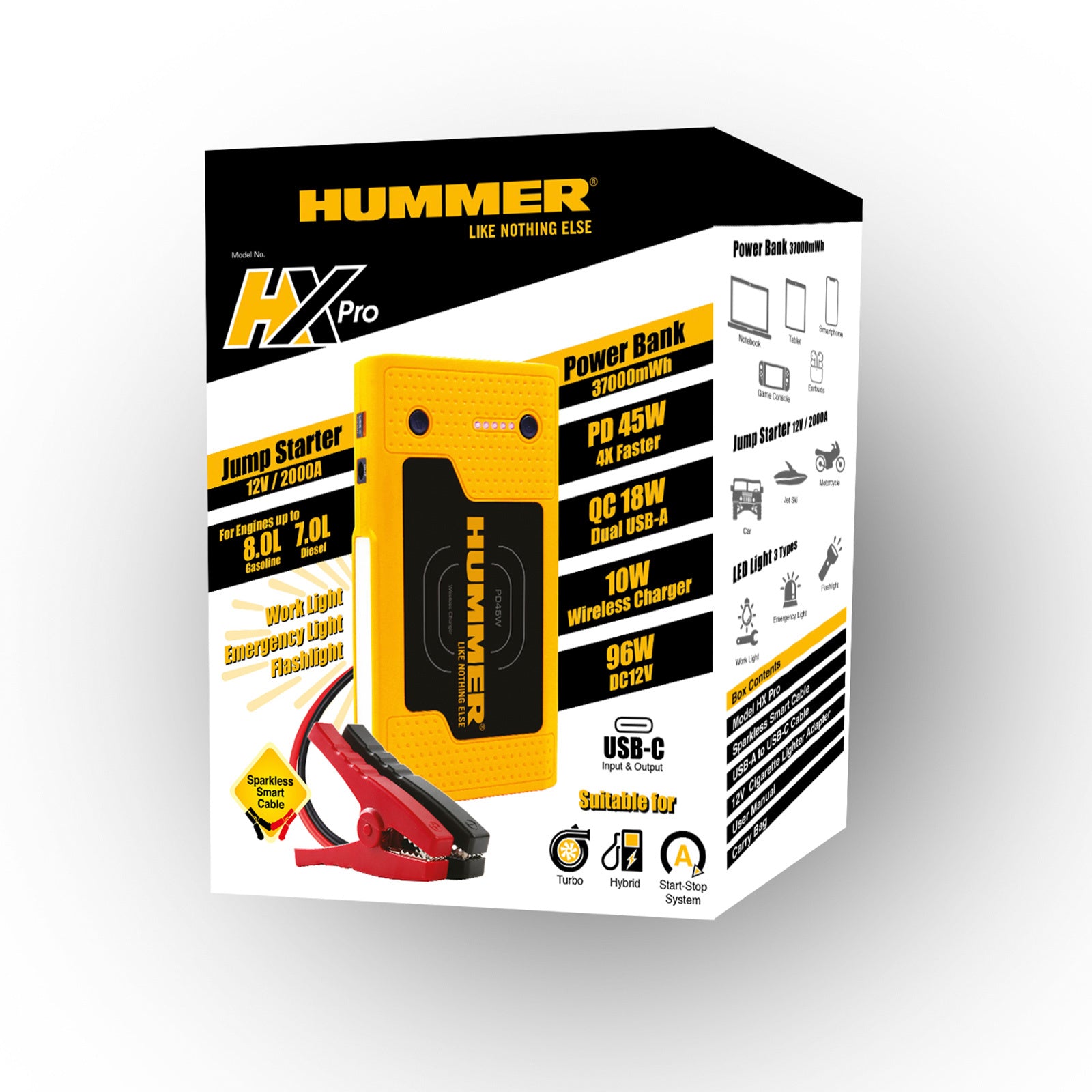 Hummer HX Pro 2000A Jump Starter – 37000mWh Power Bank with LED