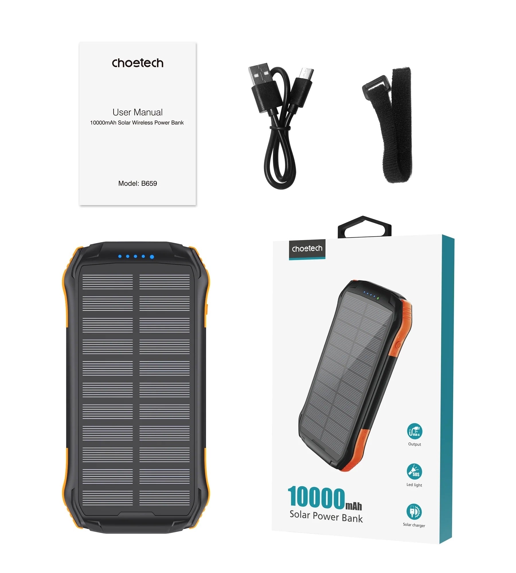 CHOETECH B657 20000mAh Solar Power Bank – Wireless Charging USB-C