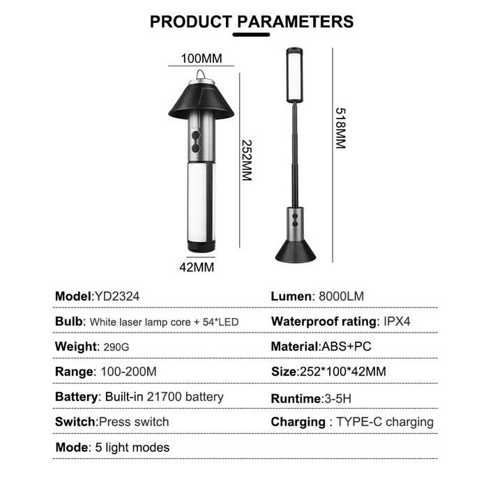 Telescopic Camping Lantern – Adjustable Height LED USB-C Rechargeable