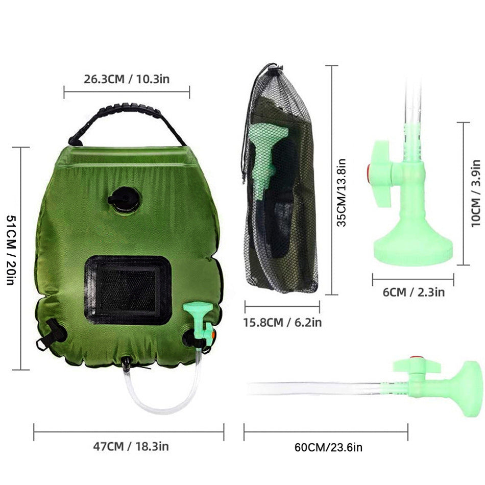 Portable Solar Camping Shower Bag 20L – Green, Removable Hose & Shower Head