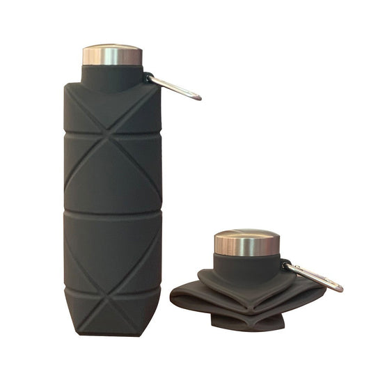 Collapsible Silicone Water Bottle 700ml – Diamond Pattern, Carabiner Clip, Grey