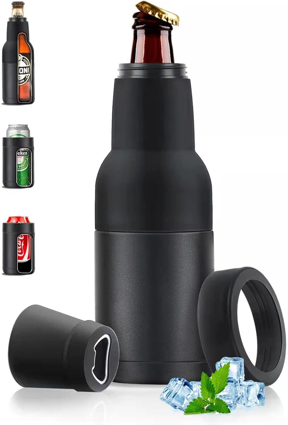 3-in-1 Insulated Can & Bottle Cooler with Opener – Double Wall Stainless Steel, Black
