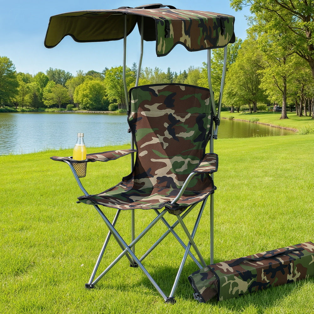 Weisshorn Camping Chair with Built-In Canopy – Cup Holder, Army Green