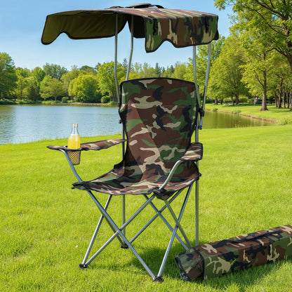 Weisshorn Camping Chair with Built-In Canopy – Cup Holder, Army Green