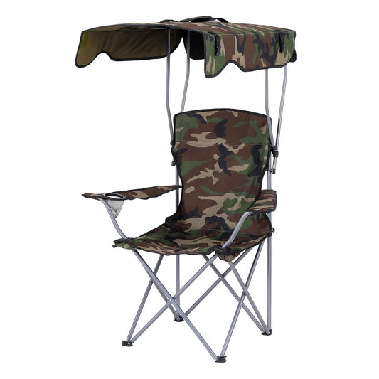 Weisshorn Camping Chair with Built-In Canopy – Cup Holder, Army Green