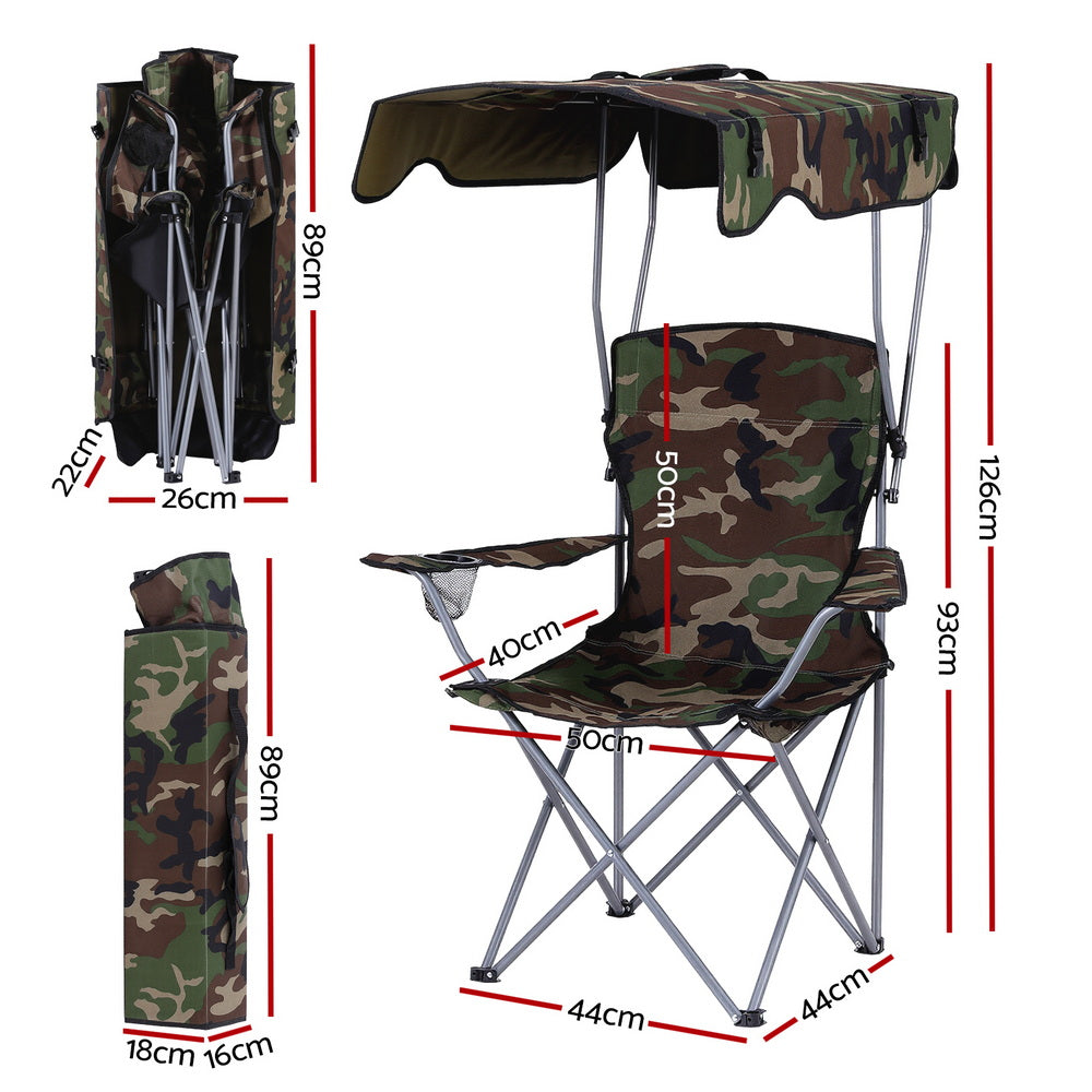 Weisshorn Camping Chair with Built-In Canopy – Cup Holder, Army Green