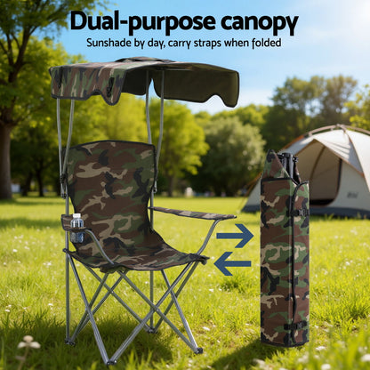 Weisshorn Camping Chair with Built-In Canopy – Cup Holder, Army Green