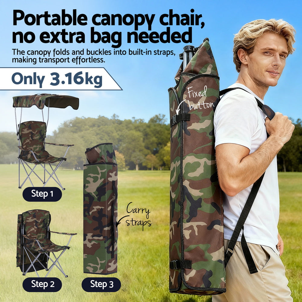 Weisshorn Camping Chair with Built-In Canopy – Cup Holder, Army Green