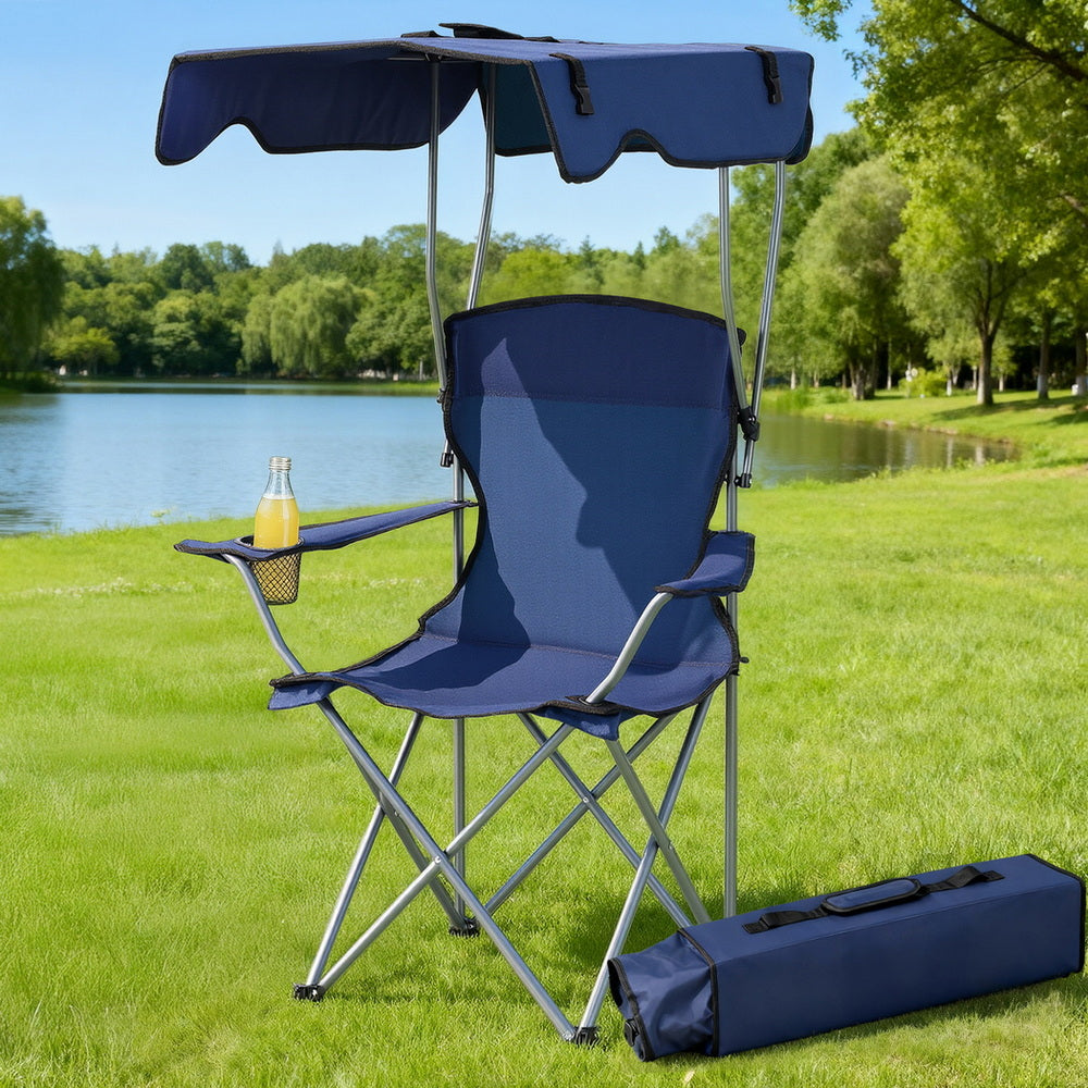 Weisshorn Camping Chair with Built-In Canopy – Cup Holder, 120KG, Navy Blue