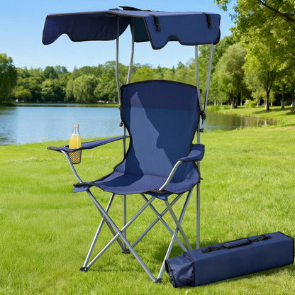 Weisshorn Camping Chair with Built-In Canopy – Cup Holder, 120KG, Navy Blue