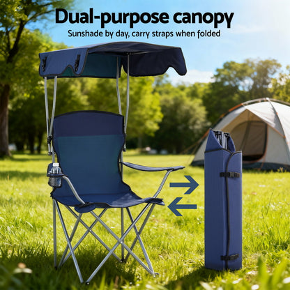 Weisshorn Camping Chair with Built-In Canopy – Cup Holder, 120KG, Navy Blue