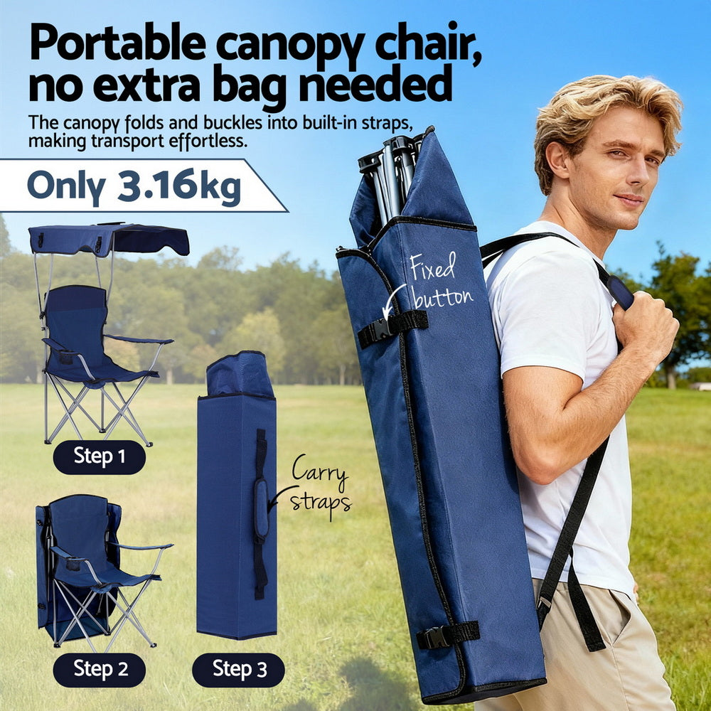 Weisshorn Camping Chair with Built-In Canopy – Cup Holder, 120KG, Navy Blue